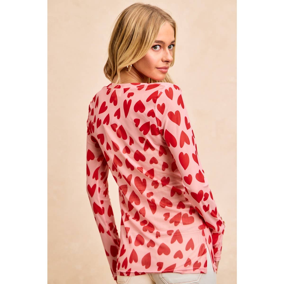 HEART PRINTED MESH TOP WITH BUTTON UP V NECK