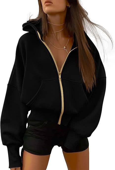 Cropped Loose Zipper Hoodie Women's Casual Pullover