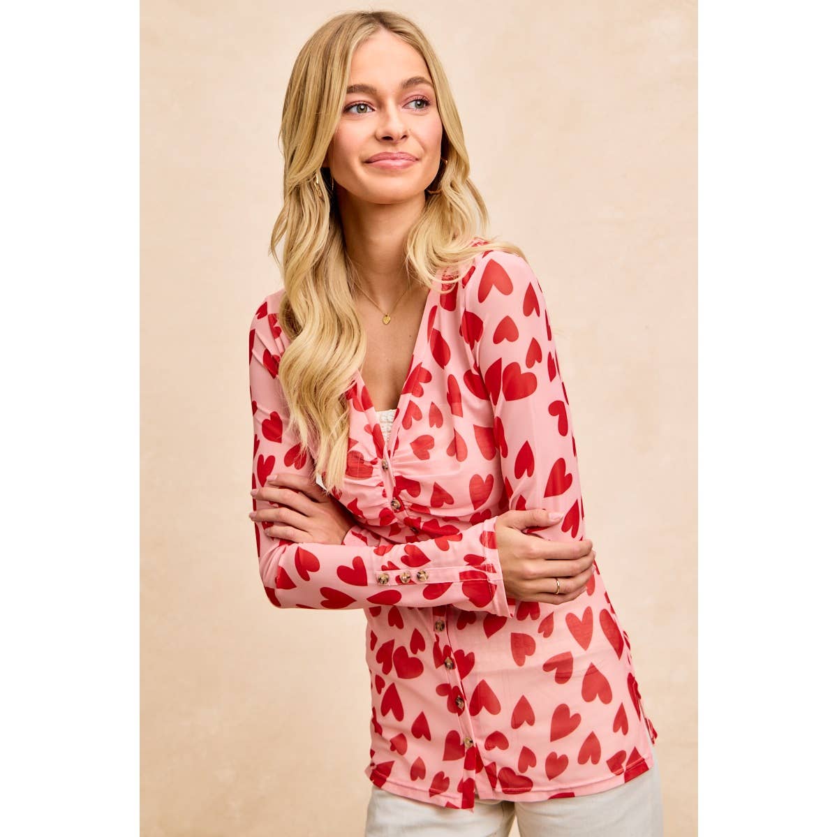 HEART PRINTED MESH TOP WITH BUTTON UP V NECK