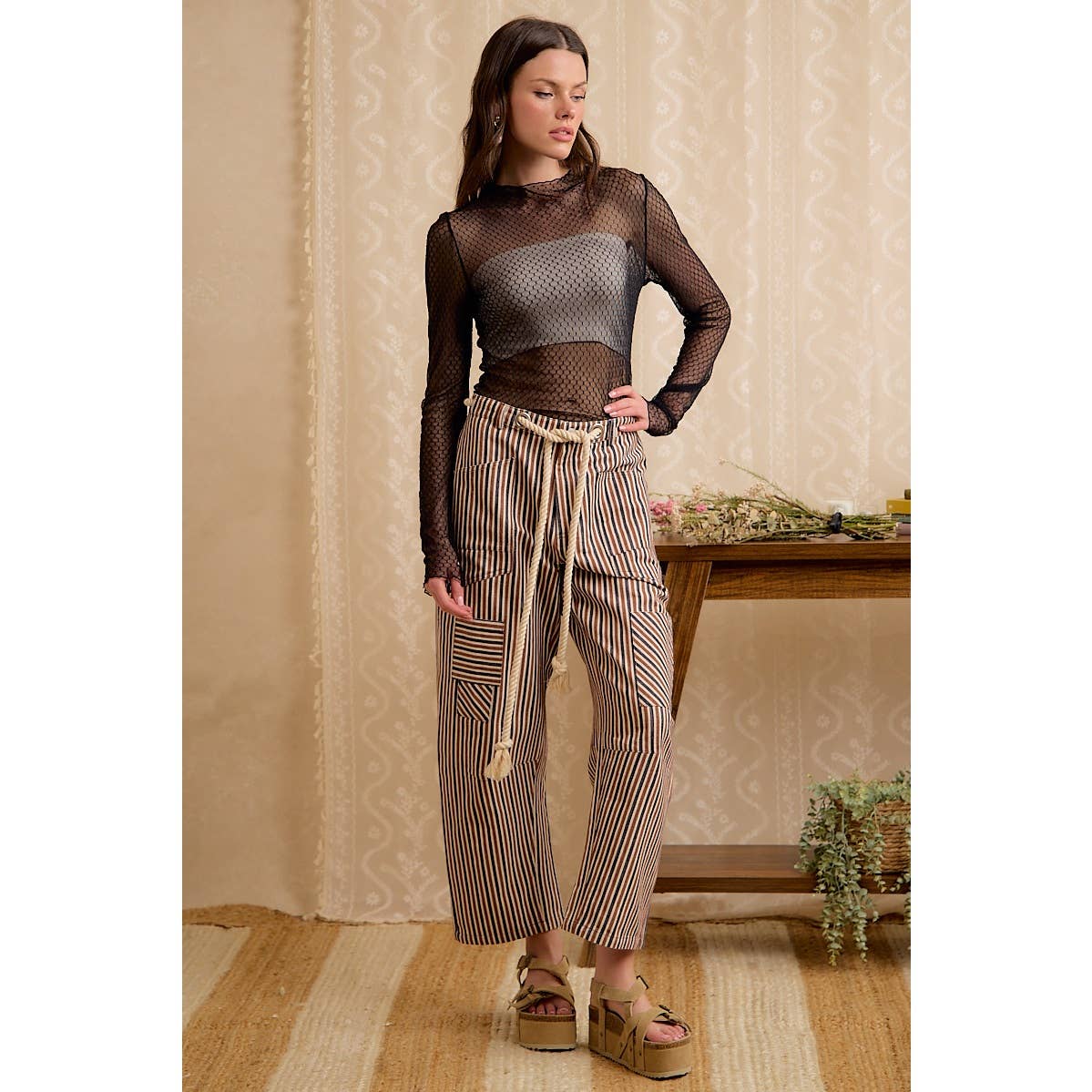 WOMEN WIDE LEG STRIPED DRAWSTRING PANTS