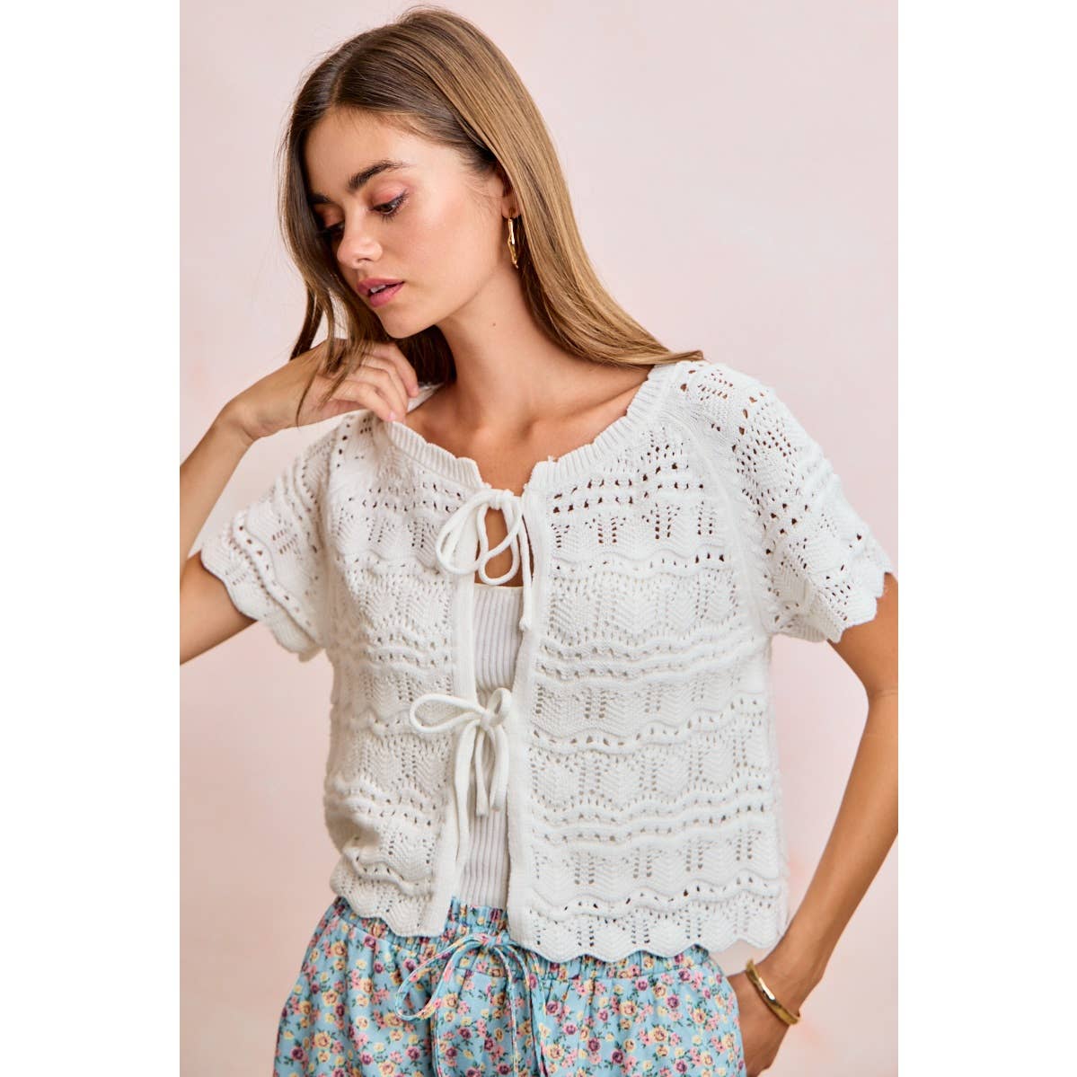 FRONT BOW TIE DETAIL POINTELLE KNIT TOP