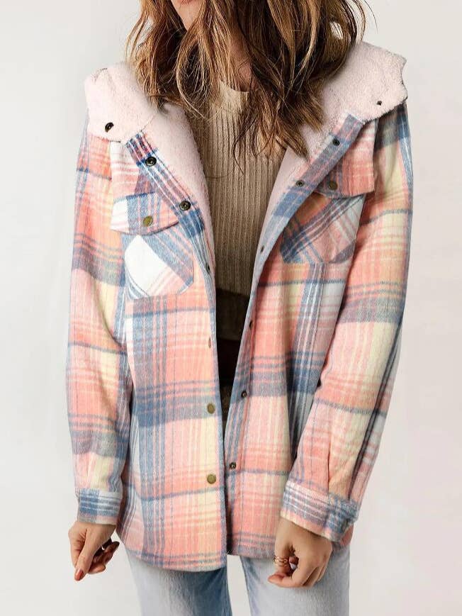 Western buttons hoodie plaid fleece lined shacket coat