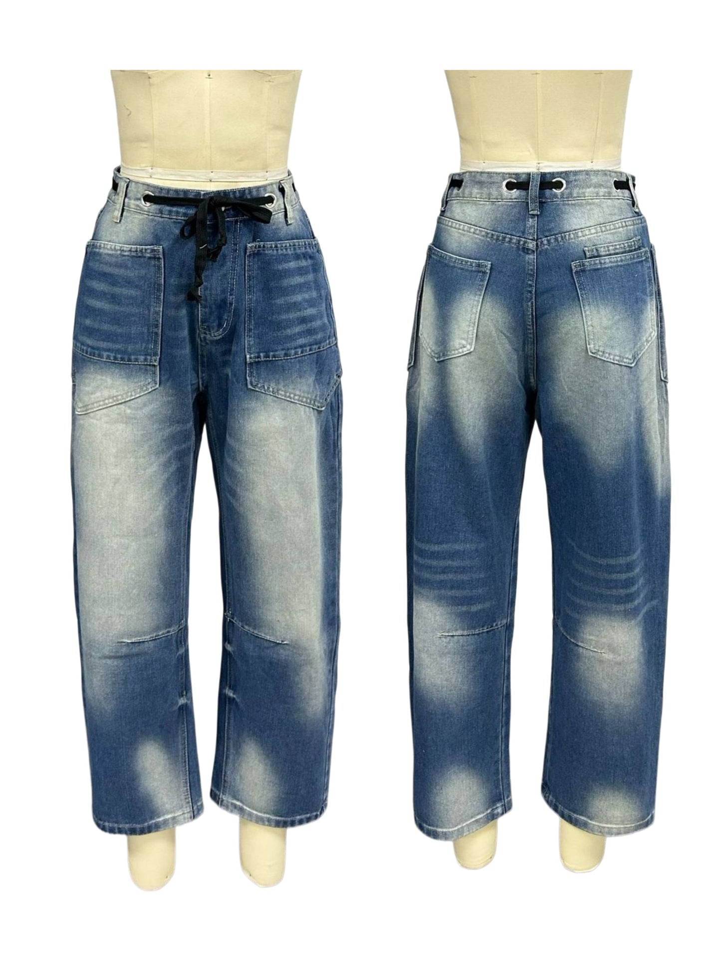 Contrast Drawstring Waist Pull-On Barrel Jeans in Stripe