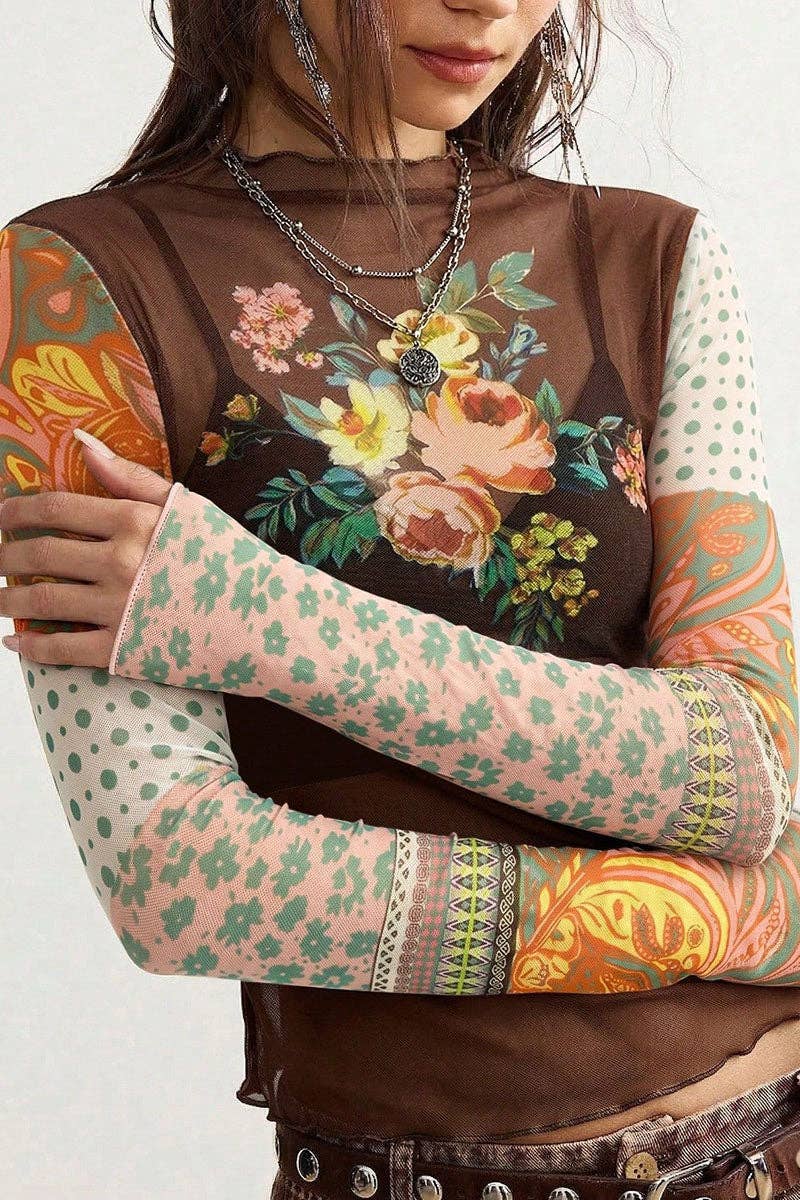 Sheer Mesh Floral Patchwork Mock Neck Top