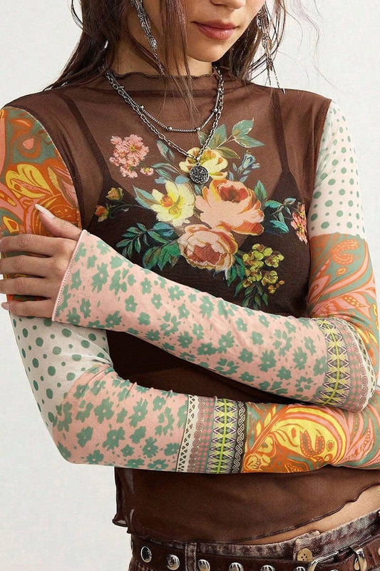 Sheer Mesh Floral Patchwork Mock Neck Top