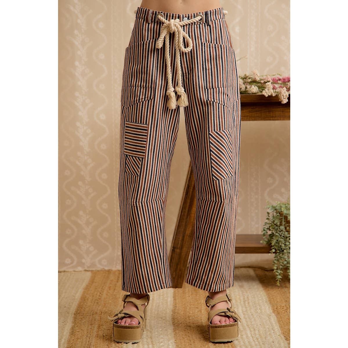 WOMEN WIDE LEG STRIPED DRAWSTRING PANTS
