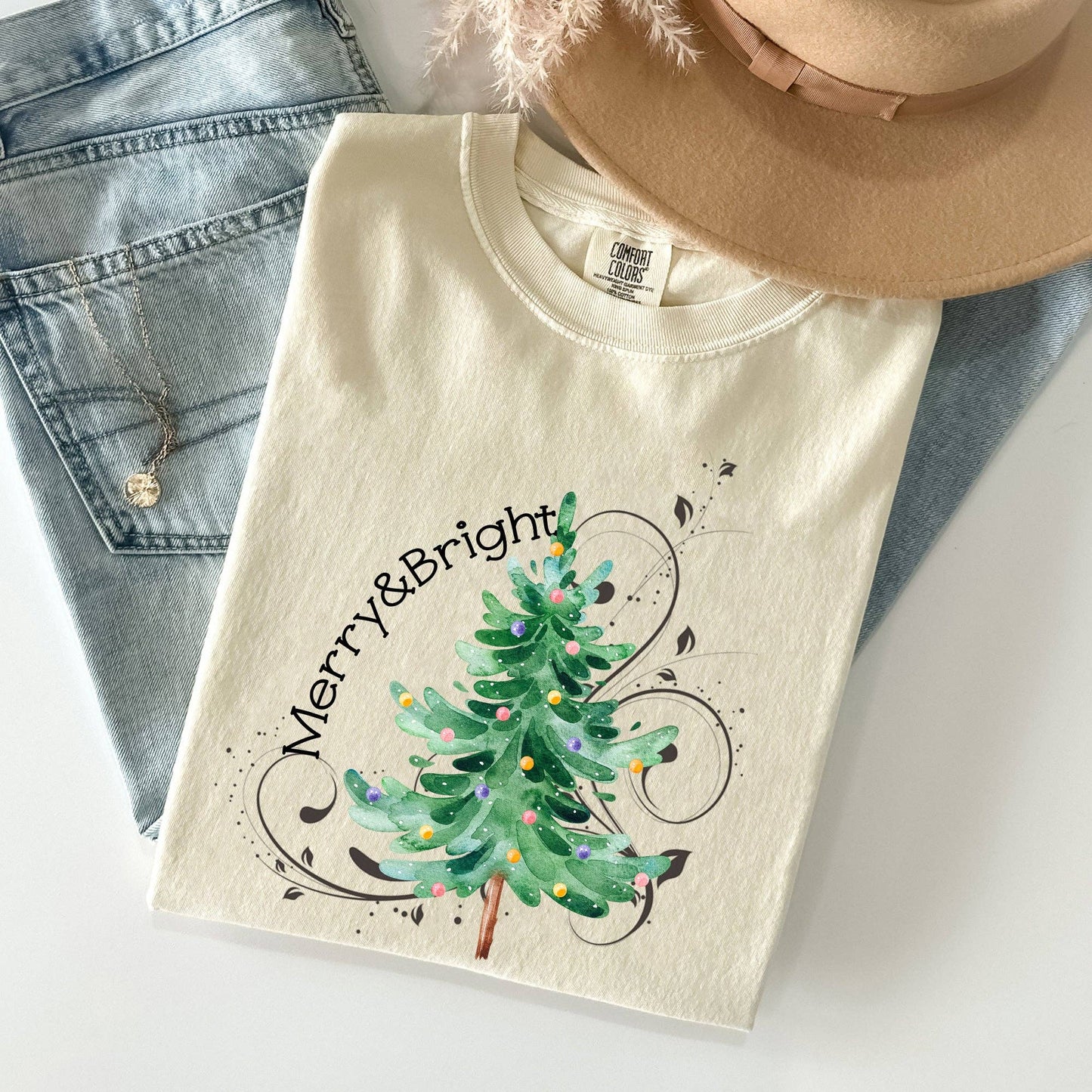 Merry and Bright, Colorful Christmas Tree, Swirls Tshirt