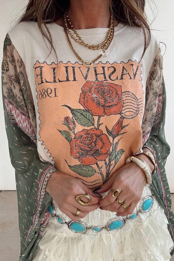 Western Vintage Graphic Batwing Kimono Sleeves Tees Boho Top