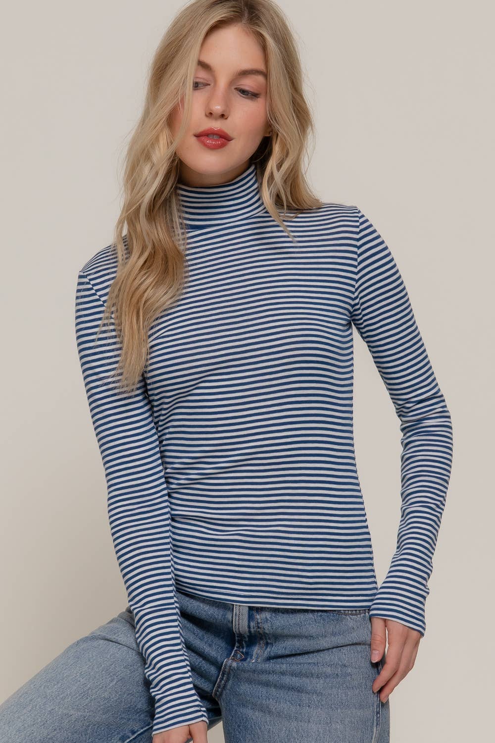 Long Sleeve Turtle Neck Y/D Stripe Top