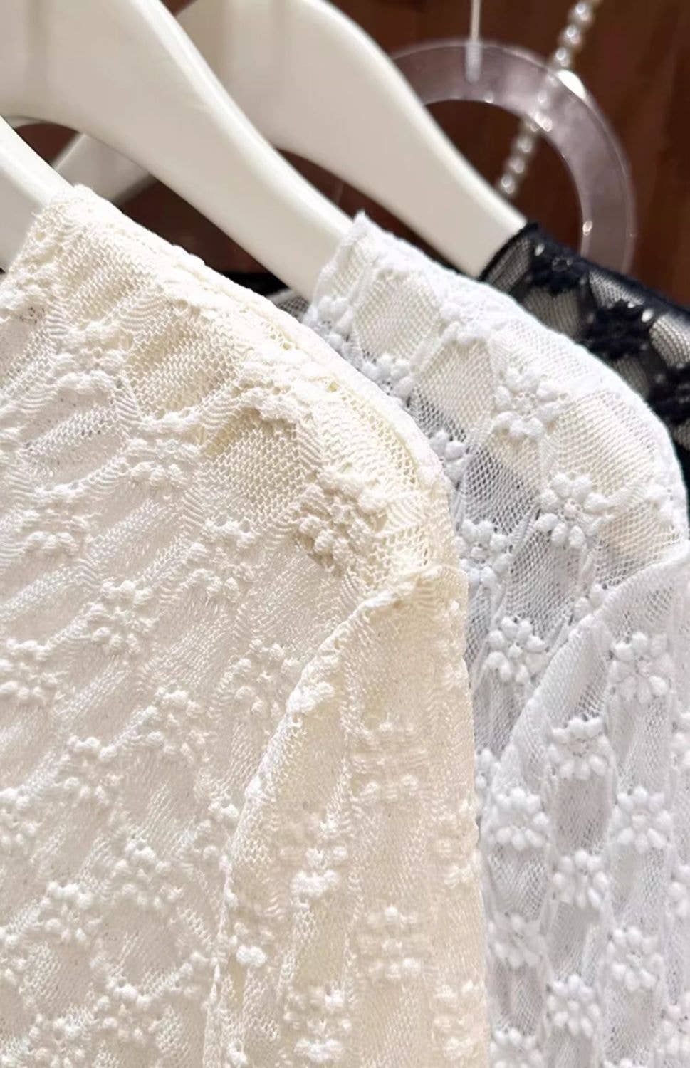 Sheer Mesh Diamond Floral Lace Layering Fitted Crew Top