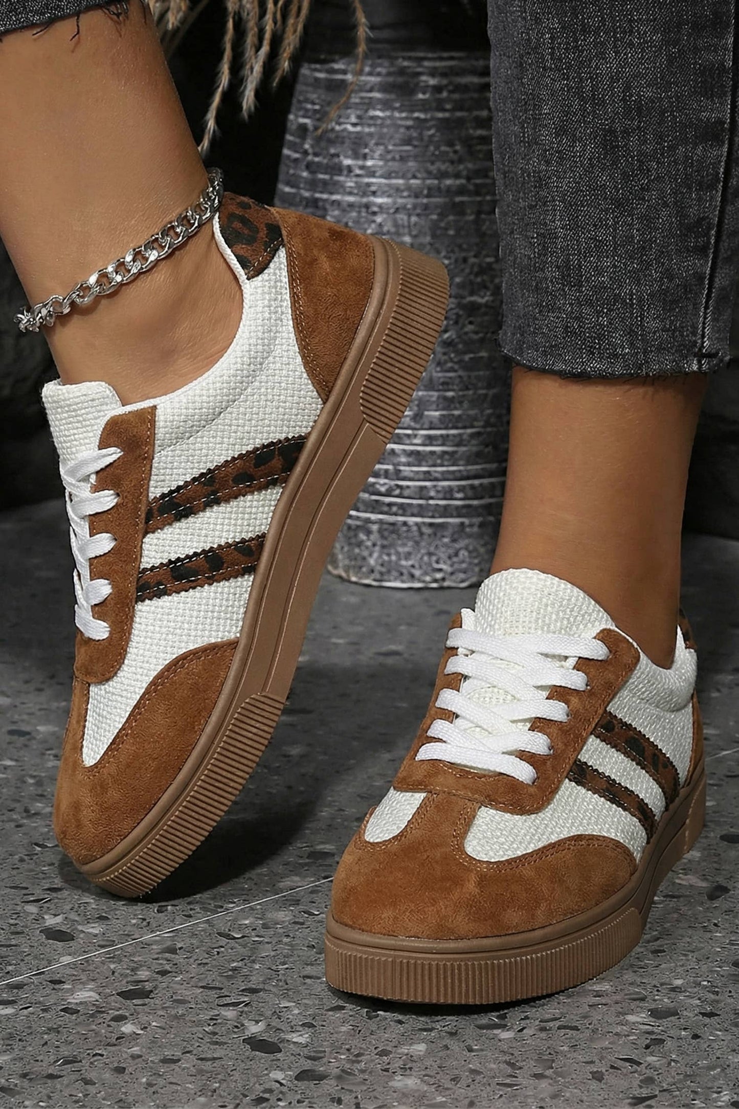 Leather Leopard Patchwork Flat Sneakers