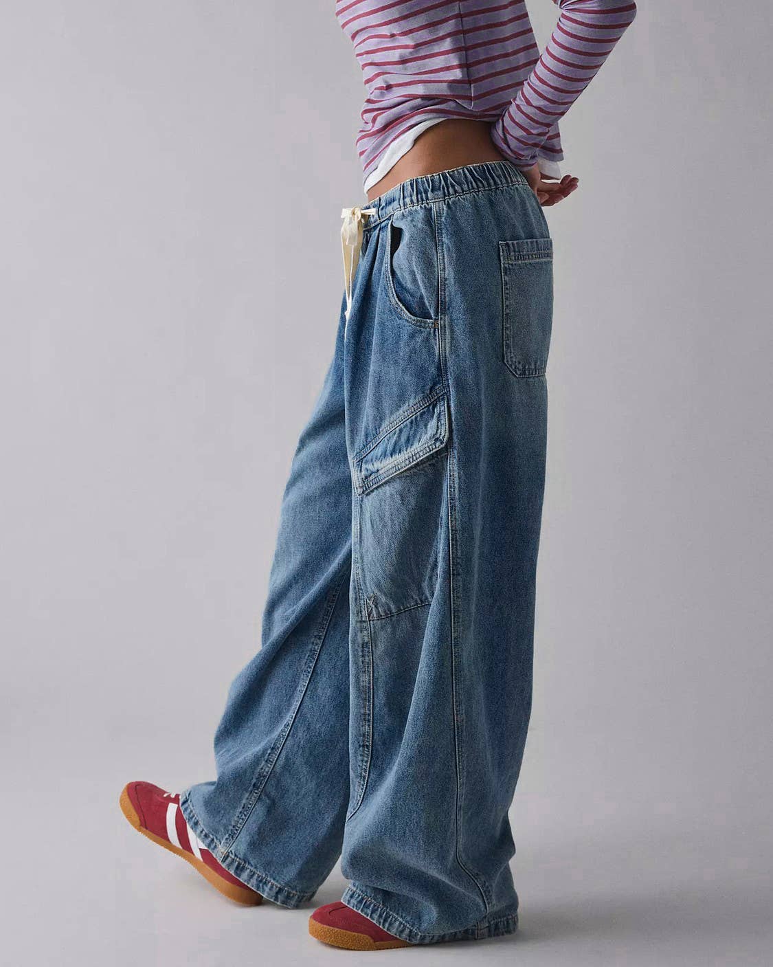 Casual High Waisted Drawstring Baggy Cargo Jeans