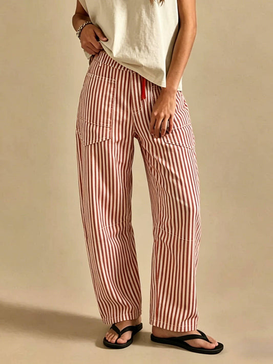 Contrast Drawstring Waist Pull-On Barrel Jeans in Stripe