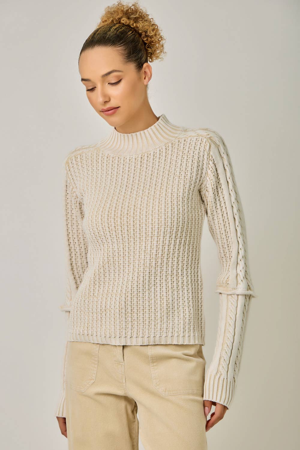 Washed Cable Mock Neck Sweater