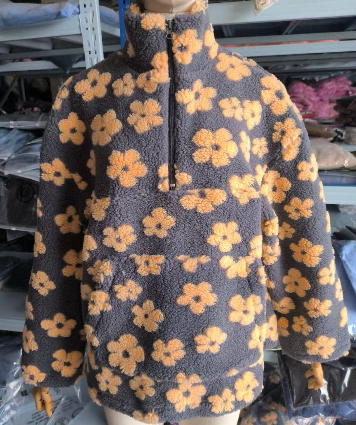Oversized winter half-zip floral sherpa fleece sweatshirt