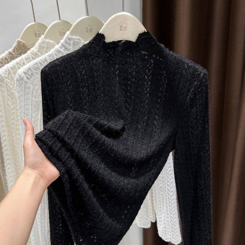 Soft knit Fluffy Texture Lace High neck Layering Top