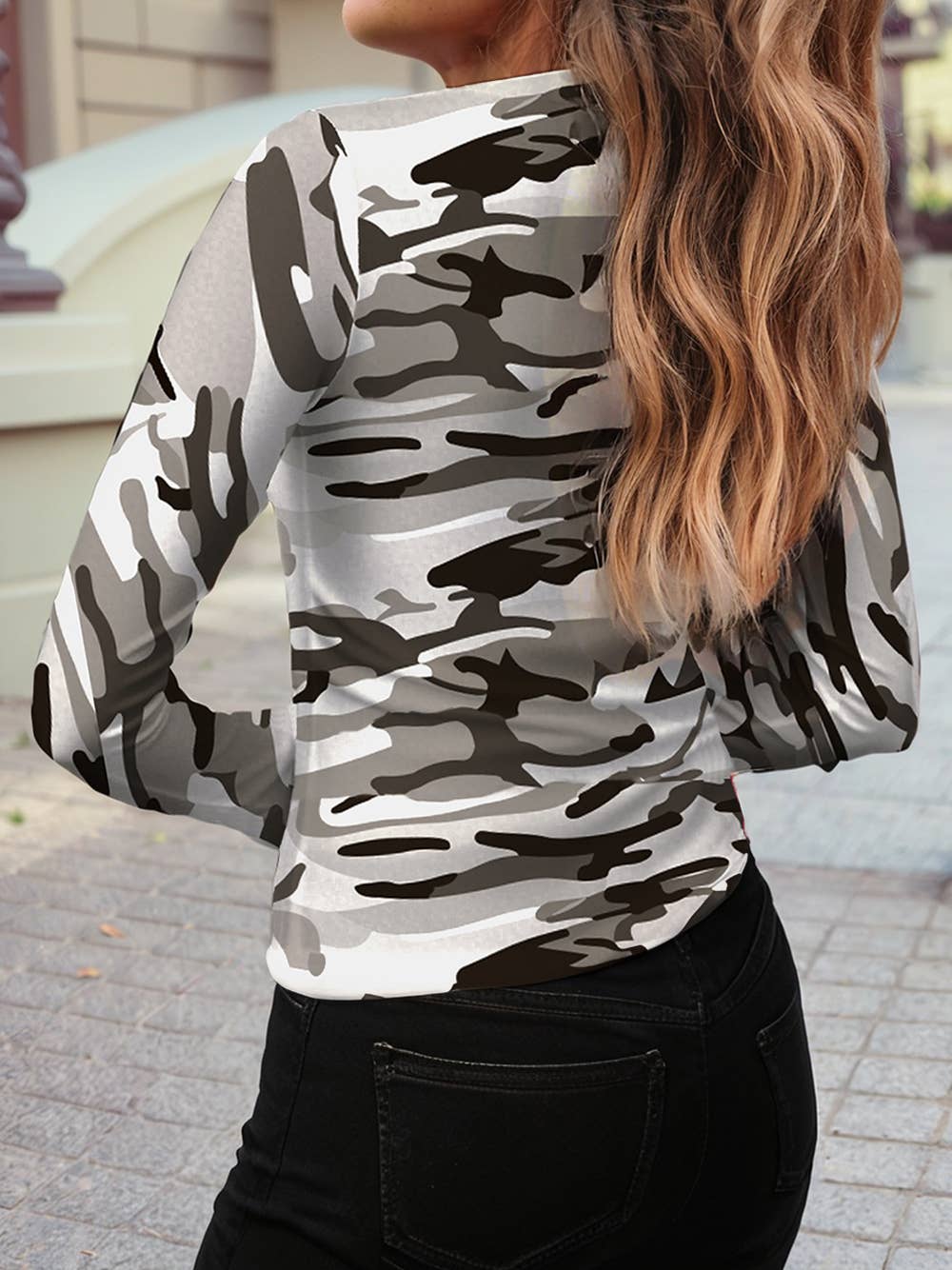 2025 Fall Western Camouflage Print Mesh Long Sleeve Top