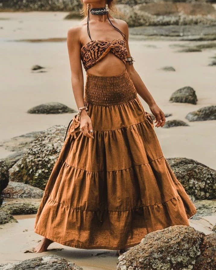 Bohemian Loose Plain Pockets Wrap Skirts