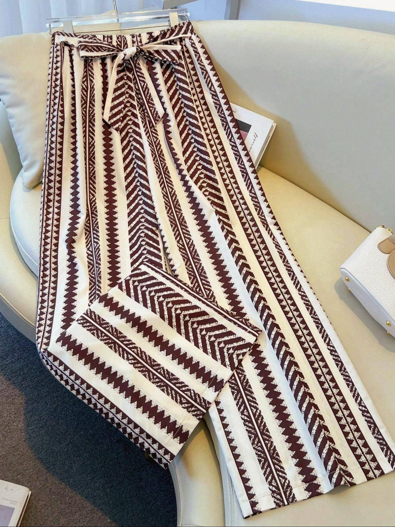 Tie Waist Boho Ethnic Geo Striped Wide Leg Pants