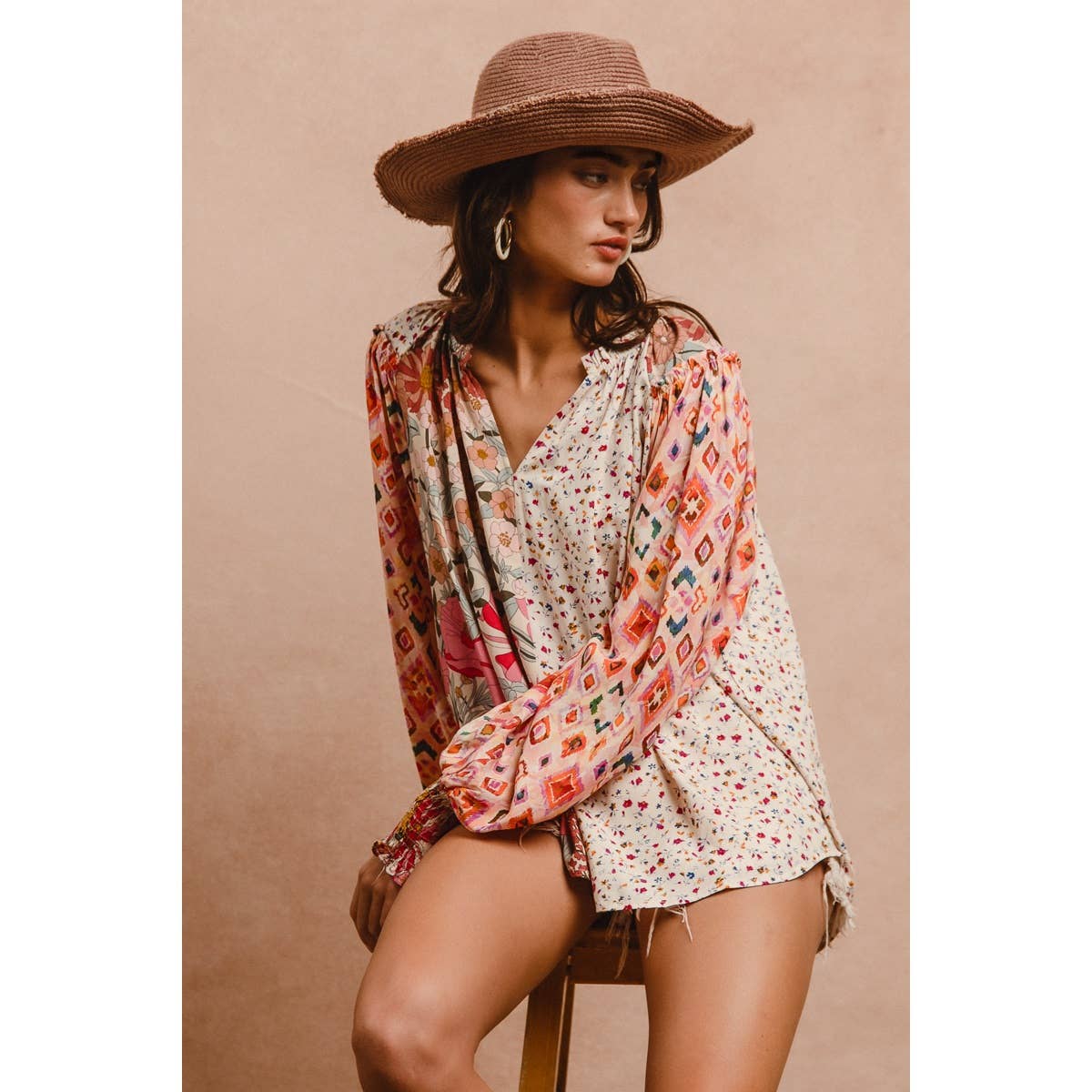 FLORAL PRINT MIX AND MATCH LONG SLEEVE PEASANT TOP