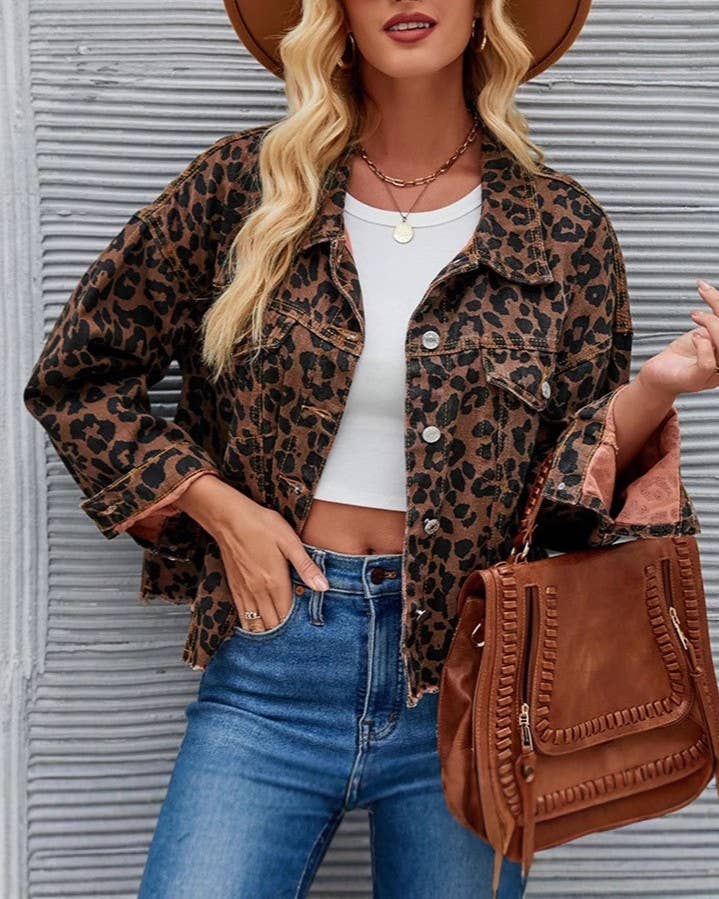 Fashion Retro Leopard Print Short Denim Jacket