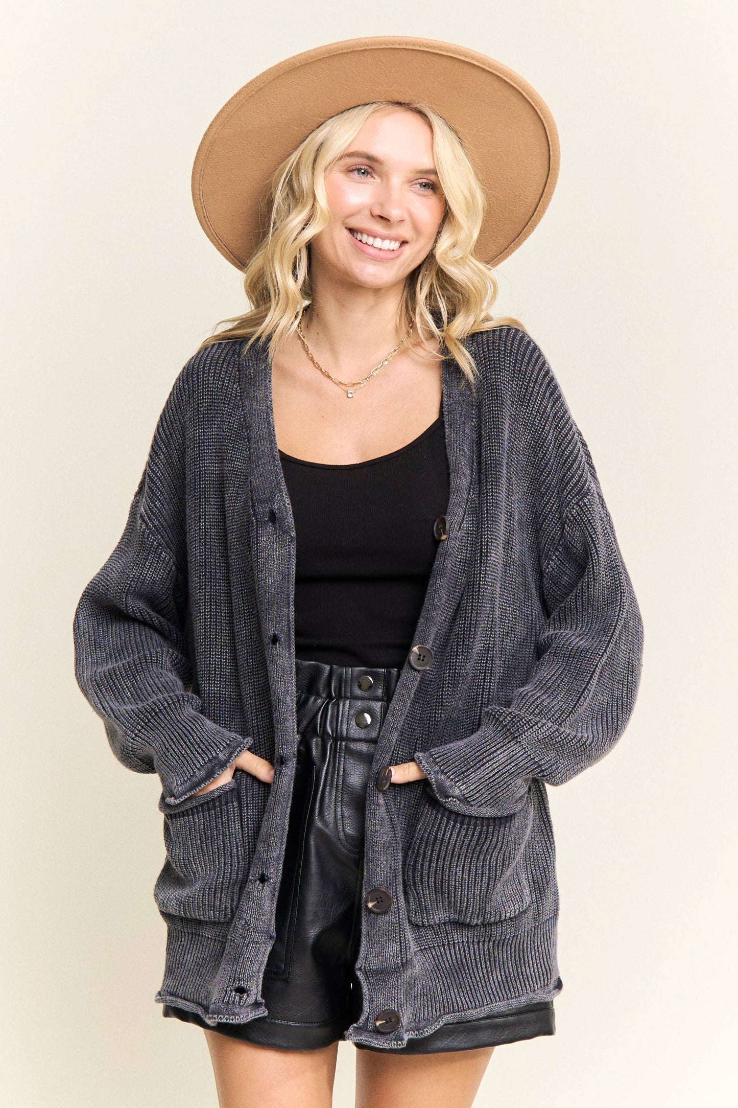 LESW3868-RIBBED BUTTON UP SWEATER CARDIGAN