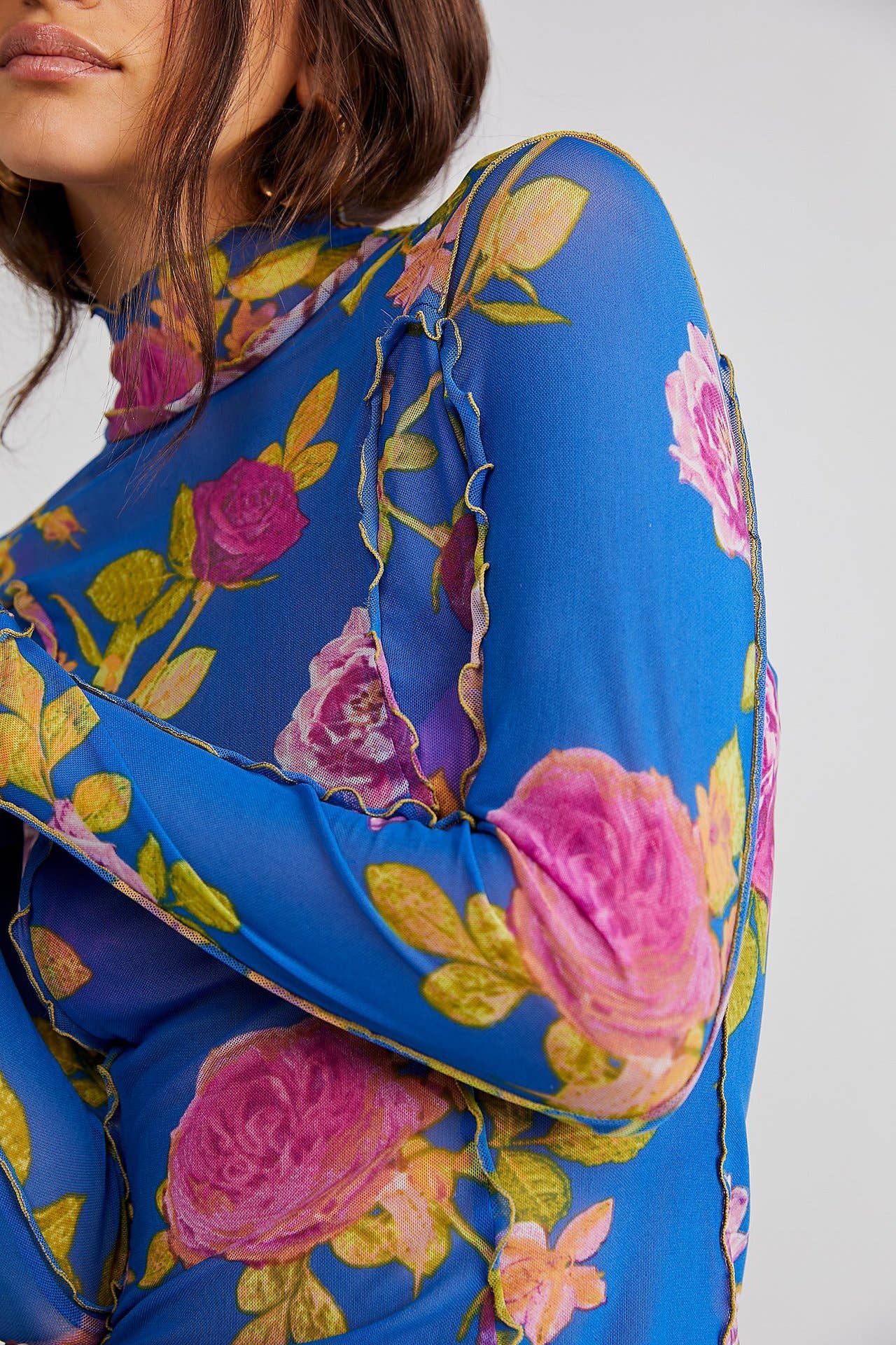 Slim-Fit Sheer Botanical Floral Print Turtleneck Top