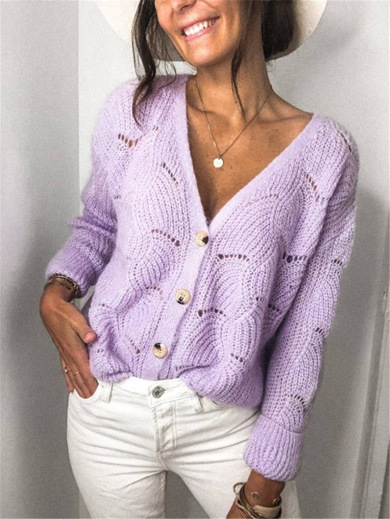V-Neck Hollow Knit Cardigan Sweater