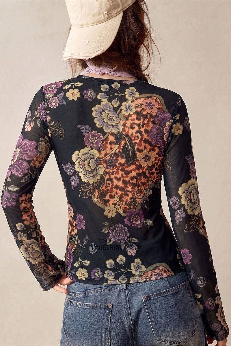 Sheer Floral Ruched Button Front Blouse