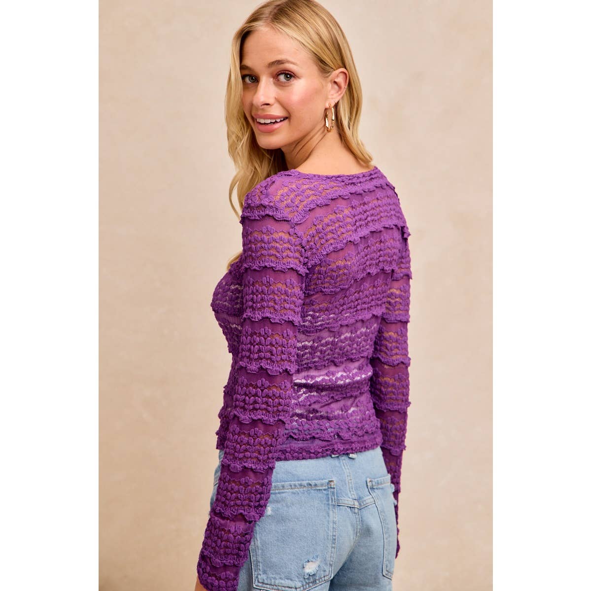 RUFFLES DETAIL MARDI GRAS COLOR FLOWER LACE TOP