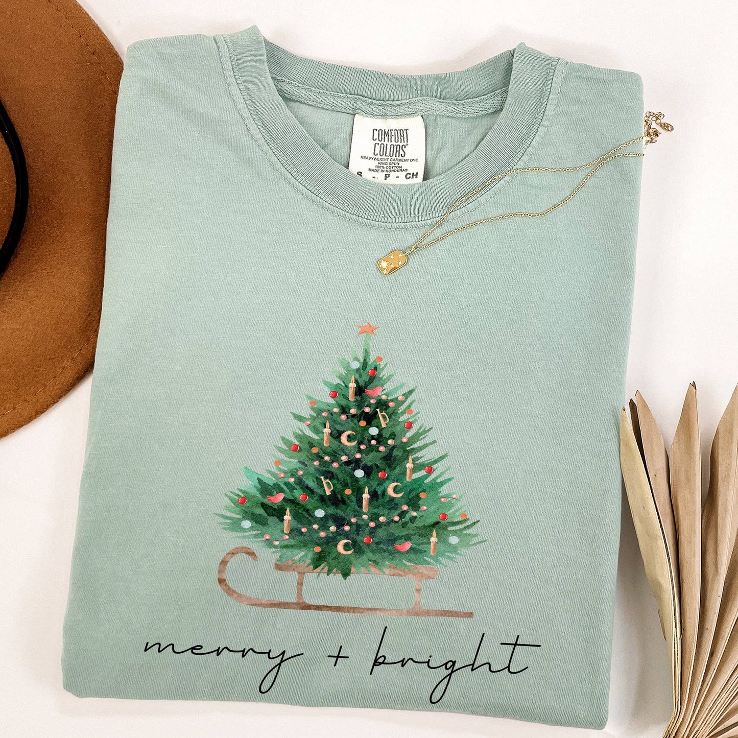 Merry and Bright, Sleigh, Christmas Tree, Snow, Xmas Tshirt