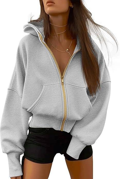 Cropped Loose Zipper Hoodie Women's Casual Pullover