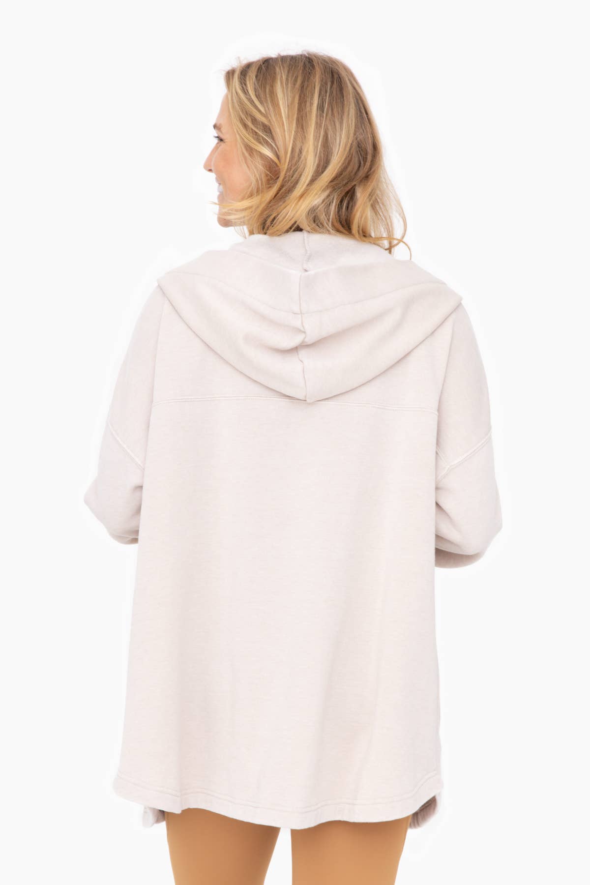 Mineral Washed Fleece Hooded Cardigan: TAN