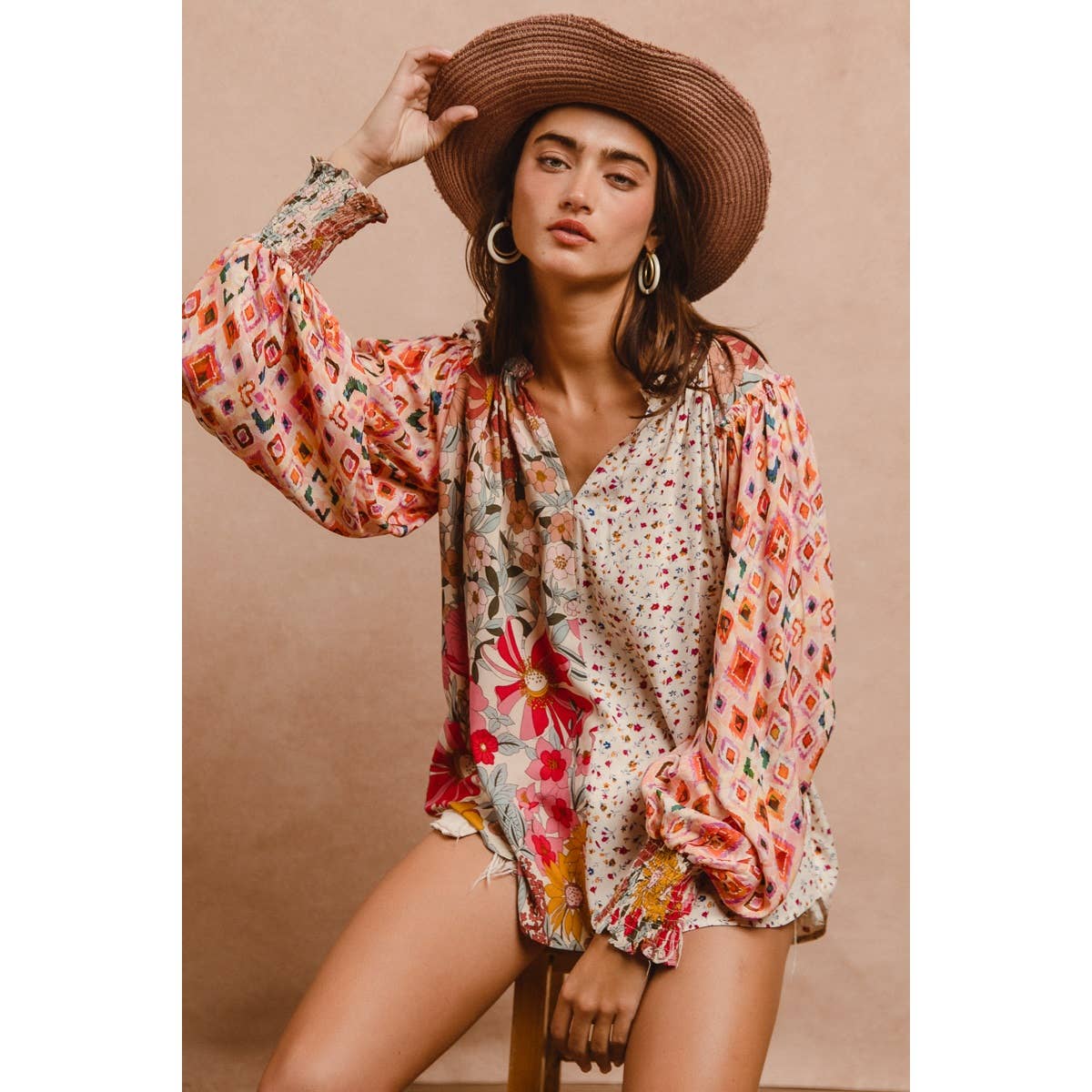 FLORAL PRINT MIX AND MATCH LONG SLEEVE PEASANT TOP