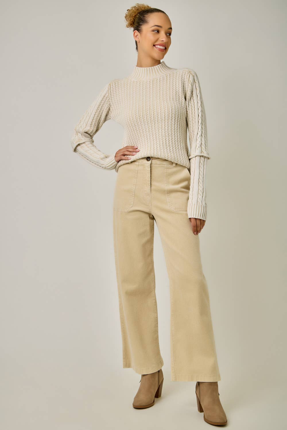 Washed Cable Mock Neck Sweater