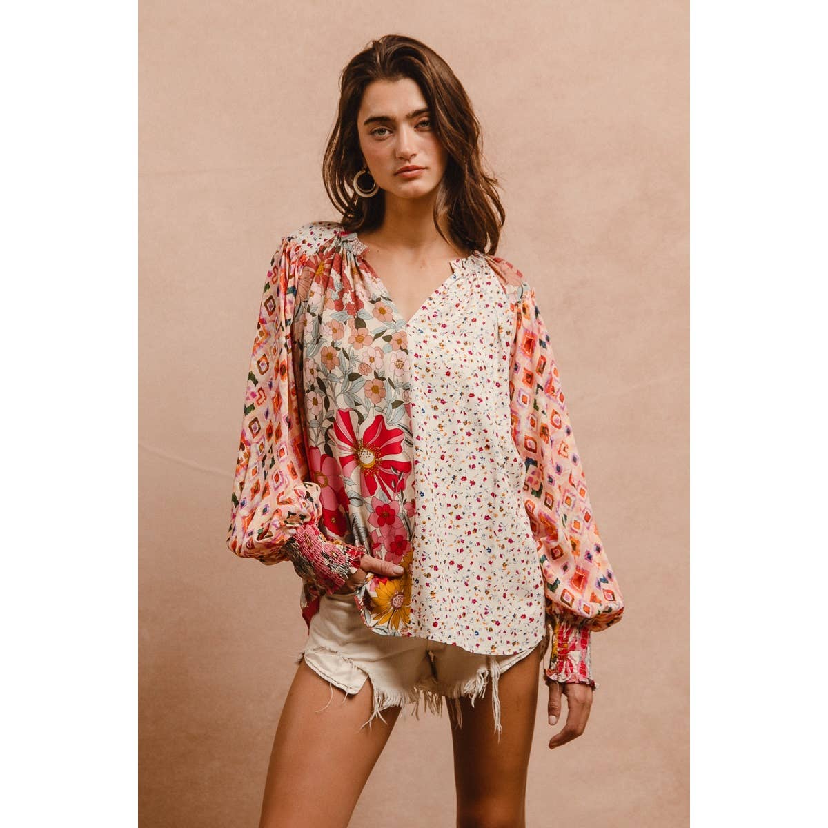 FLORAL PRINT MIX AND MATCH LONG SLEEVE PEASANT TOP