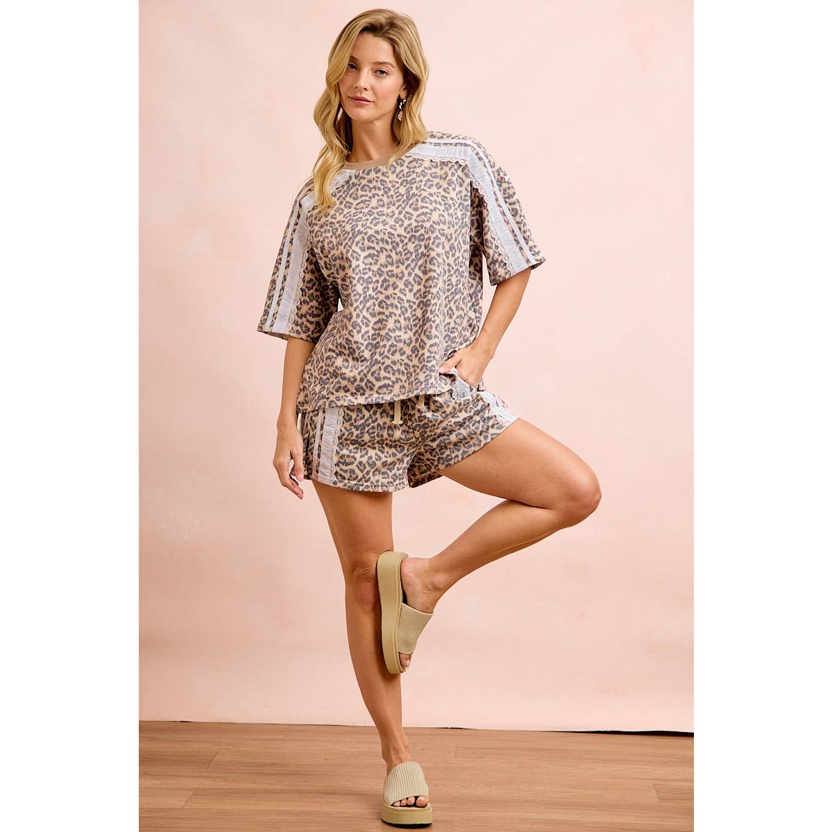 LEOPARD TERRY SIDE DRAWSTRING SHORTS