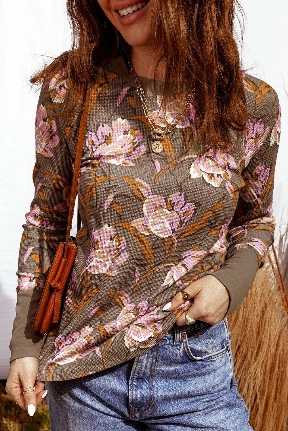 Brown Floral Print Waffle Textured Long Sleeve Top