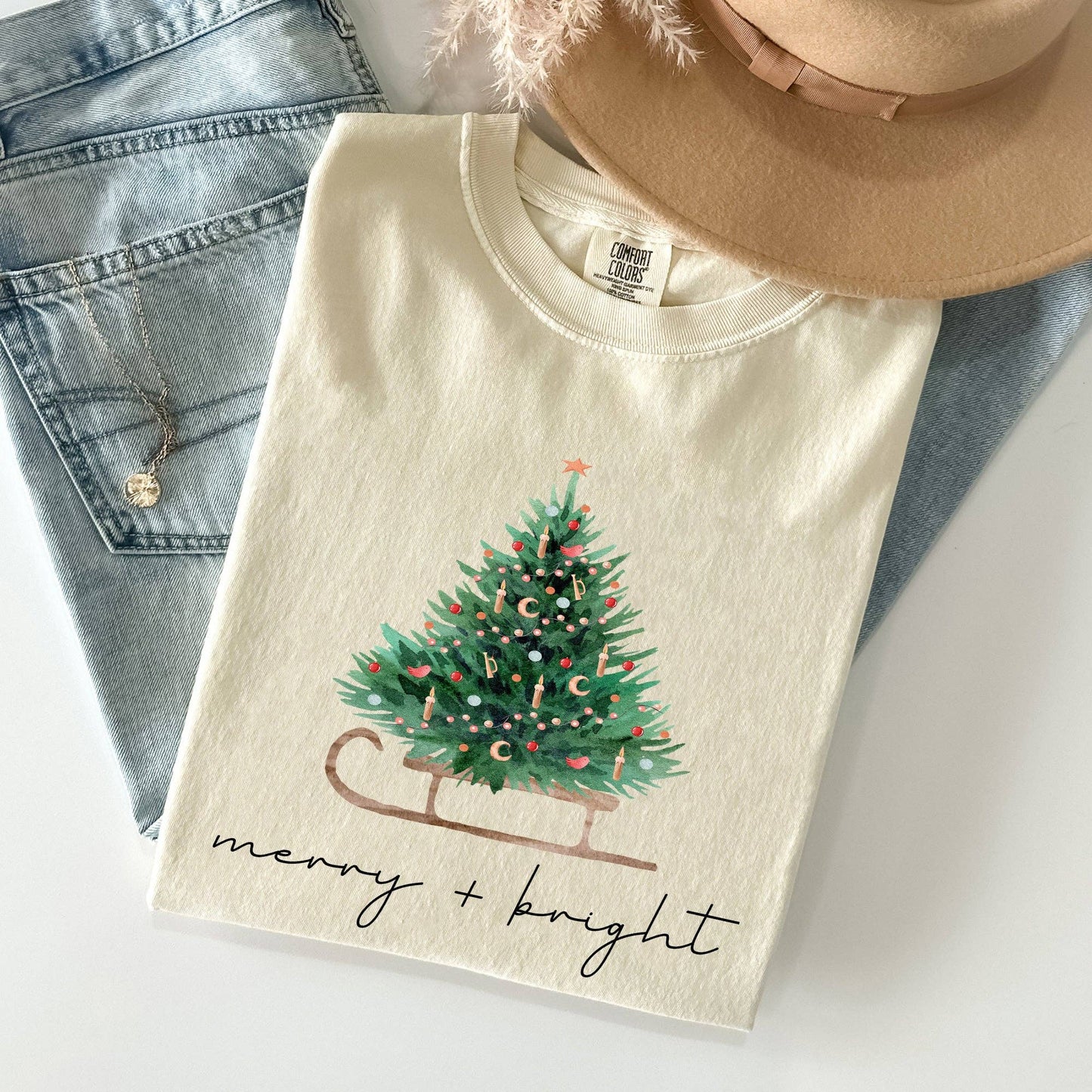 Merry and Bright, Sleigh, Christmas Tree, Snow, Xmas Tshirt
