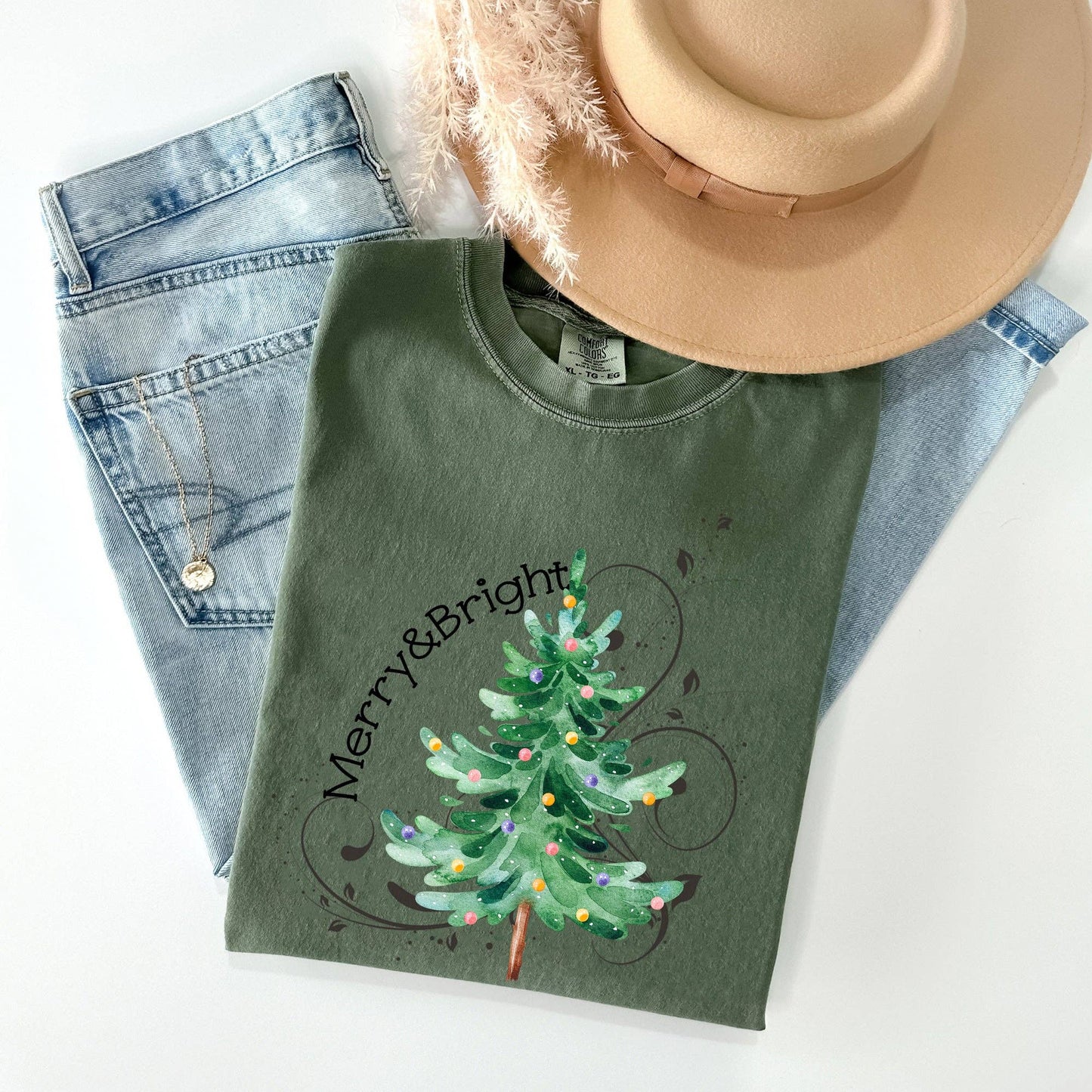 Merry and Bright, Colorful Christmas Tree, Swirls Tshirt