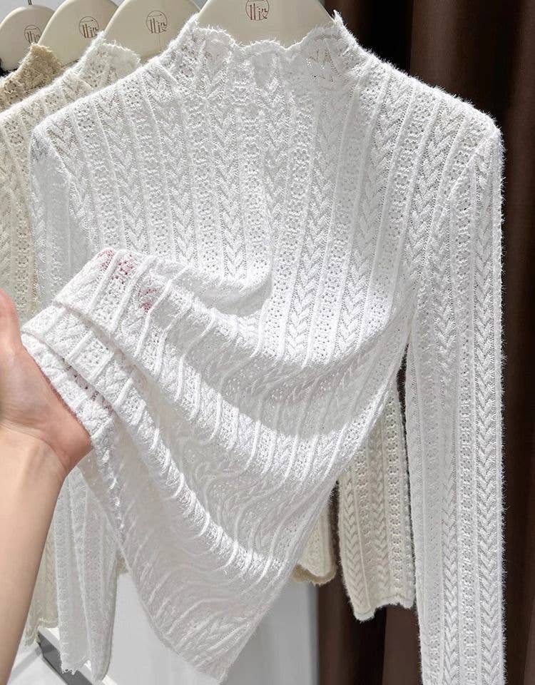 Soft knit Fluffy Texture Lace High neck Layering Top