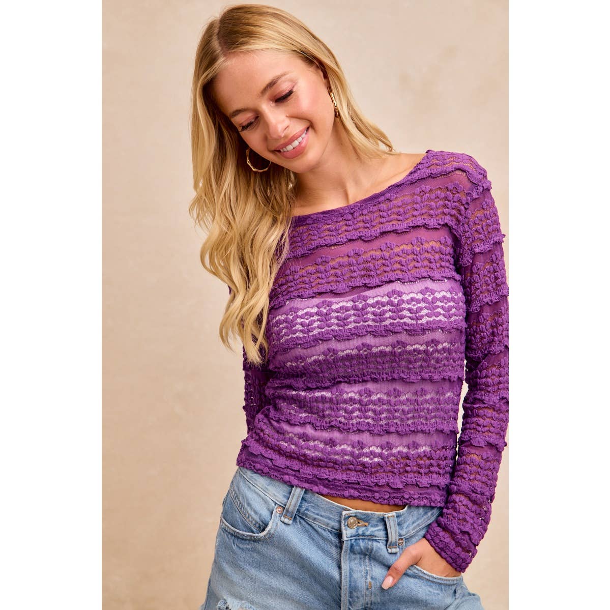 RUFFLES DETAIL MARDI GRAS COLOR FLOWER LACE TOP