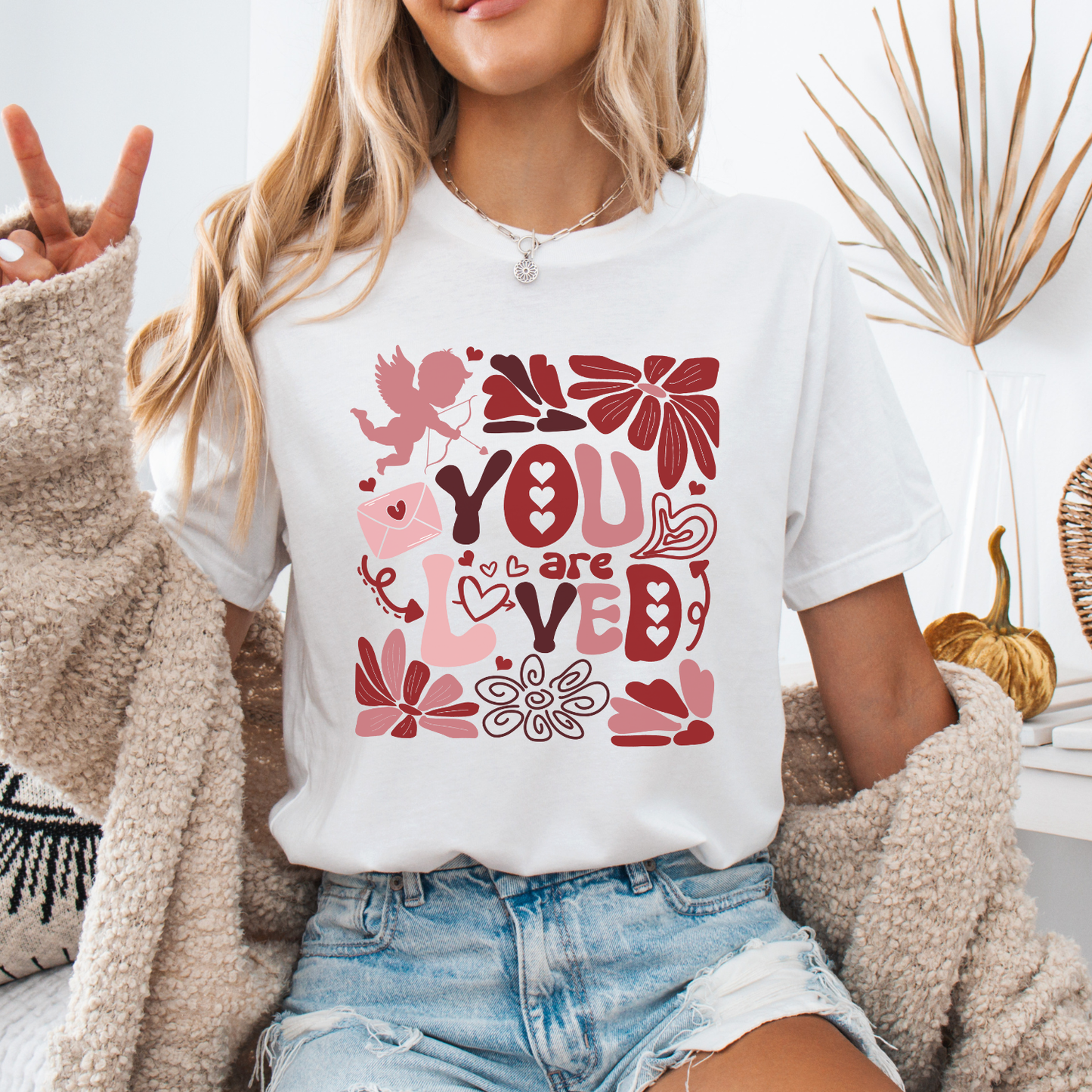 Cupid you are loved Valentine's Day t-shirt, Pink red floral