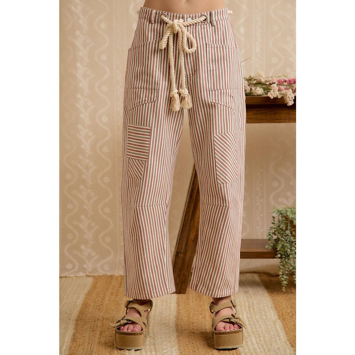 WOMEN WIDE LEG STRIPED DRAWSTRING PANTS