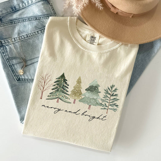 Merry and Bright, Christmas Trees, Minimalist Xmas Tshirt
