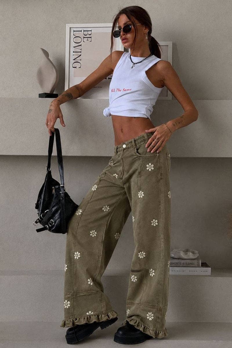 Floral Ruffle Hem Wide Leg Casual Pants