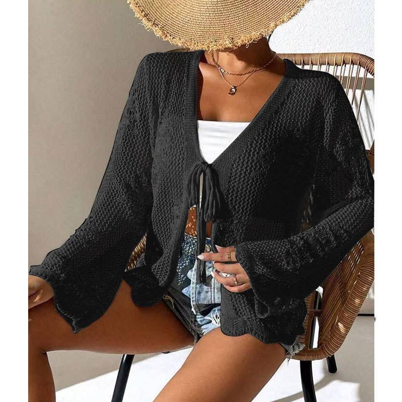 Floral Pattern Lace-Up Crochet Knit Beach Cover Top