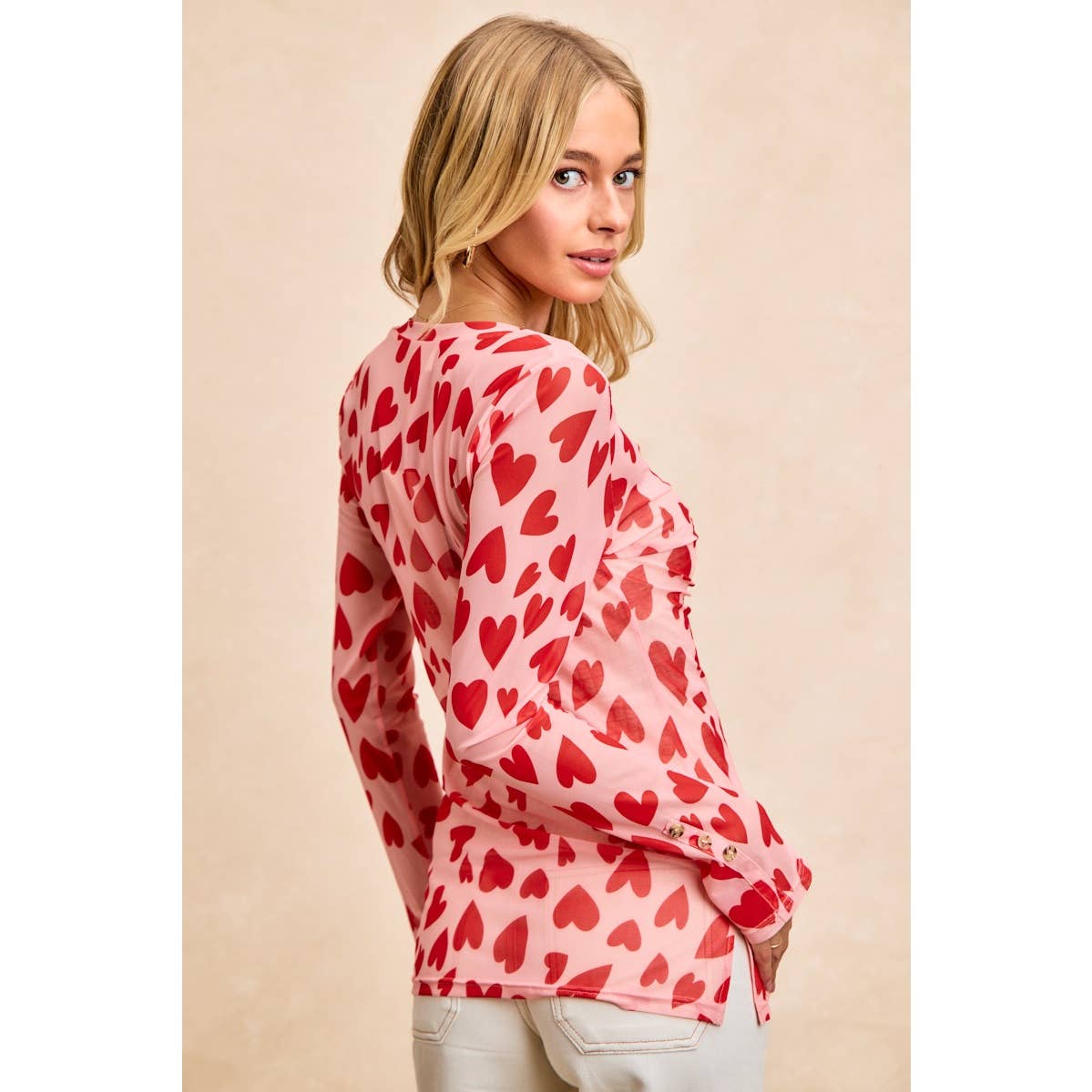 HEART PRINTED MESH TOP WITH BUTTON UP V NECK