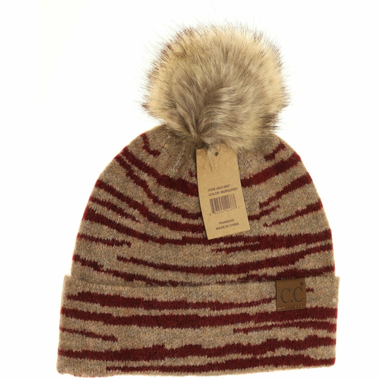 Zebra Pattern Faux Fur Pom Beanie HAT3607