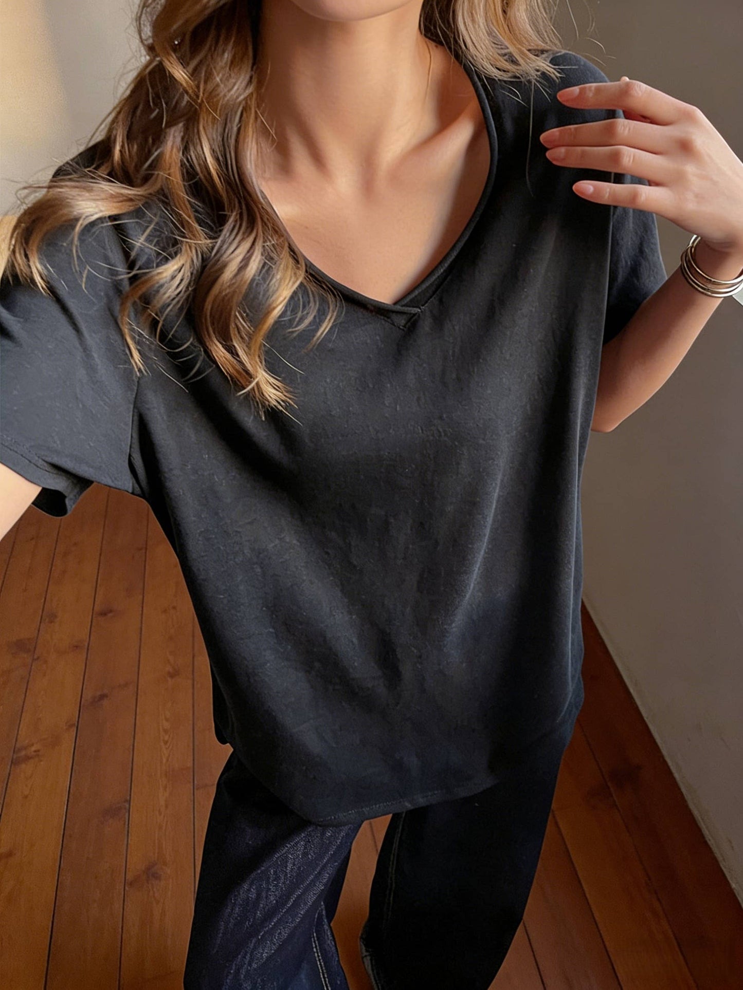 Cotton blend short sleeve roll neck tees V-neck T-shirt